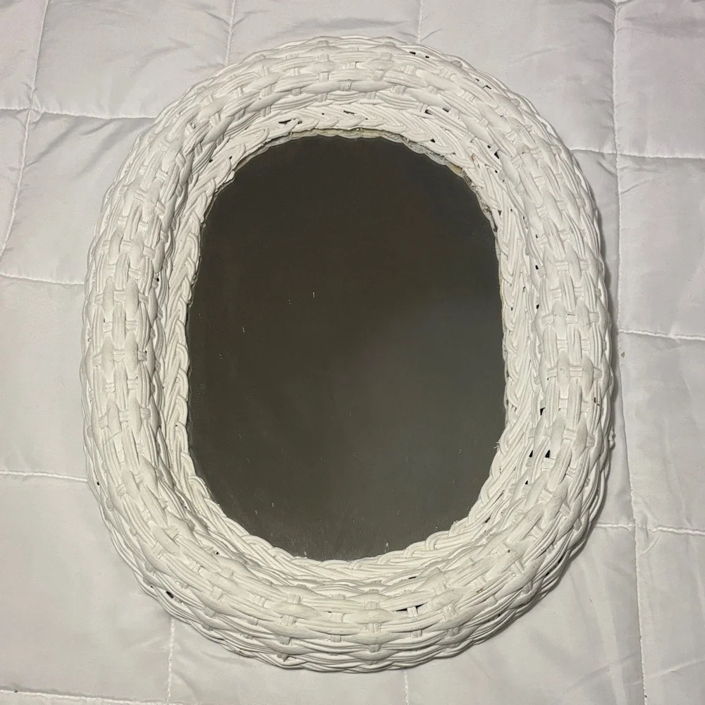 Vintage White Wicker Oval Mirror
